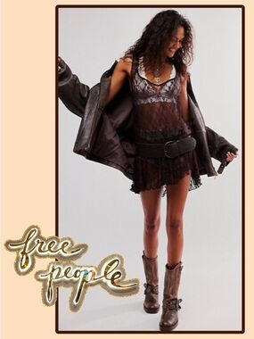 New Free People Necessary Layer Mini Slip Dress- Brown Combo Small stretchy